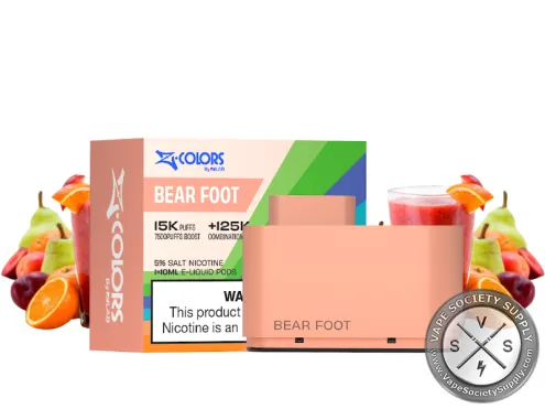 ZColors Bear Foot pod in peach, with its box, next to mixed fruit