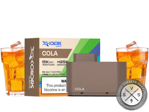 ZColors Cola pod in brown, with its box, next to glasses of cola
