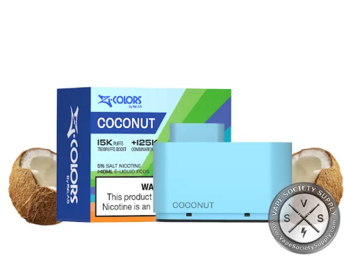 ZColors Coconut pod in light blue, with its box, next to coconuts