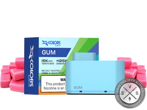 ZColors Gum pod in light blue, with its box, next to pink bubble gum