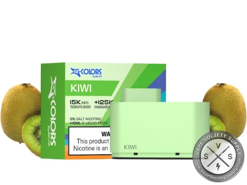 ZColors Kiwi pod in light green, with its box, next to kiwis