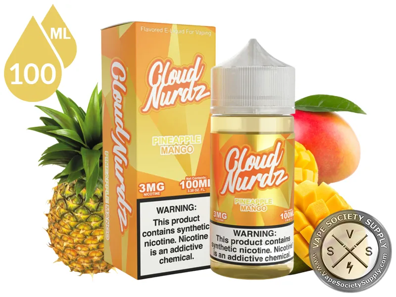 Pineapple Mango by Cloud Nurdz 100ml bottle and box with a pineapple and mangoes