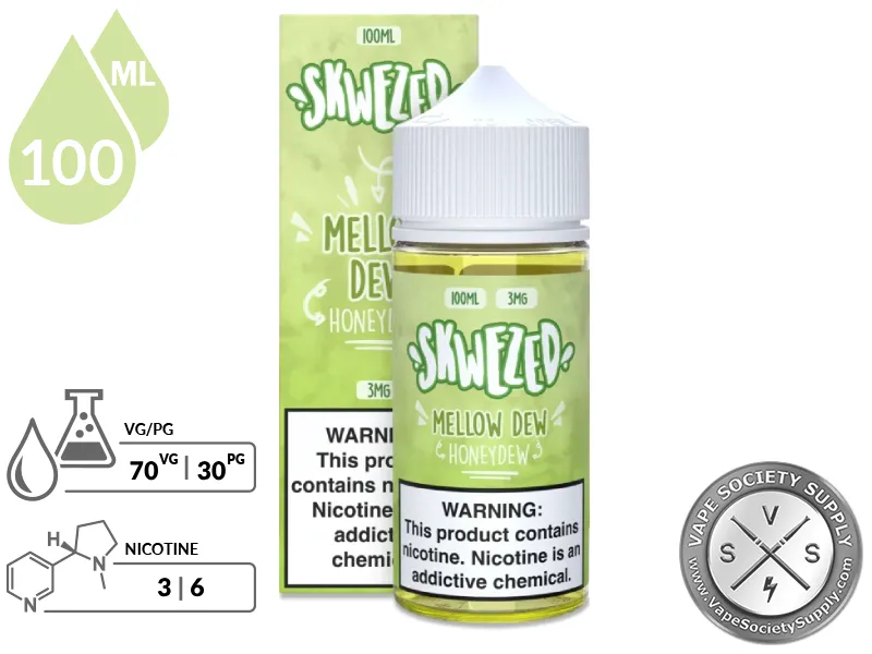 Honeydew by Skwezed 100ml bottle and box with a 70/30 VG/PG icon and nicotine strength icons