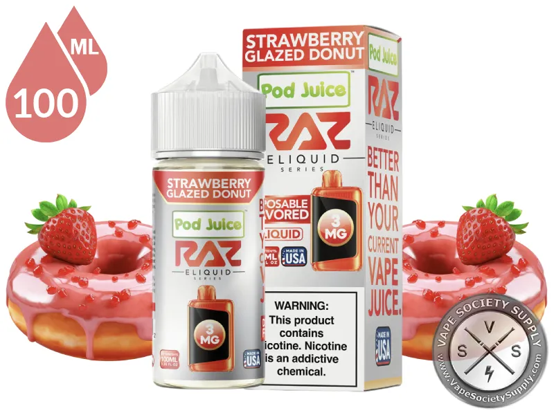 Strawberry Glazed Donut Pod Juice x RAZ 100ml bottle and box with strawberry-topped pink glazed donuts