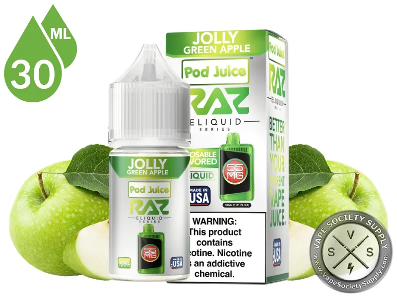 Jolly Green Apple Pod Juice x RAZ Salt 30ml bottle and box with green apples
