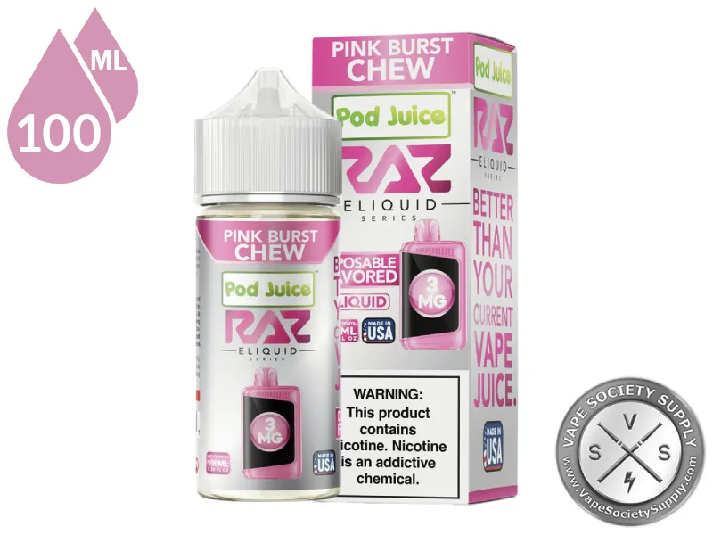 Pink Burst Chew Pod Juice x RAZ 100ml bottle and box