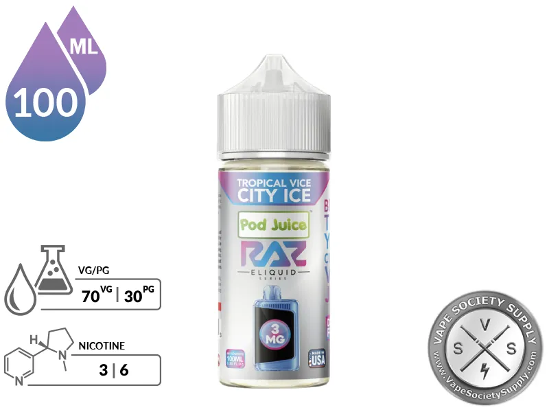 Tropical Vice City Ice Pod Juice x RAZ 100ml bottle with a 70/30 VG/PG icon and nicotine strength icons