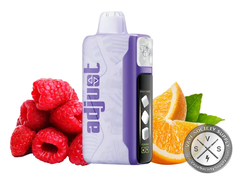 Adjust MySweet 40K Raspberry Orange disposable vape with raspberries and an orange wedge