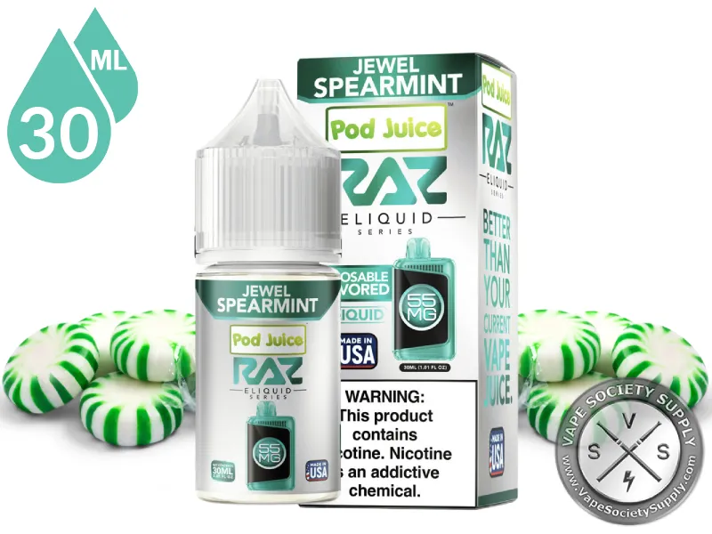 Jewel Spearmint Pod Juice x RAZ Salt 30ml bottle and box with green and white mint candies