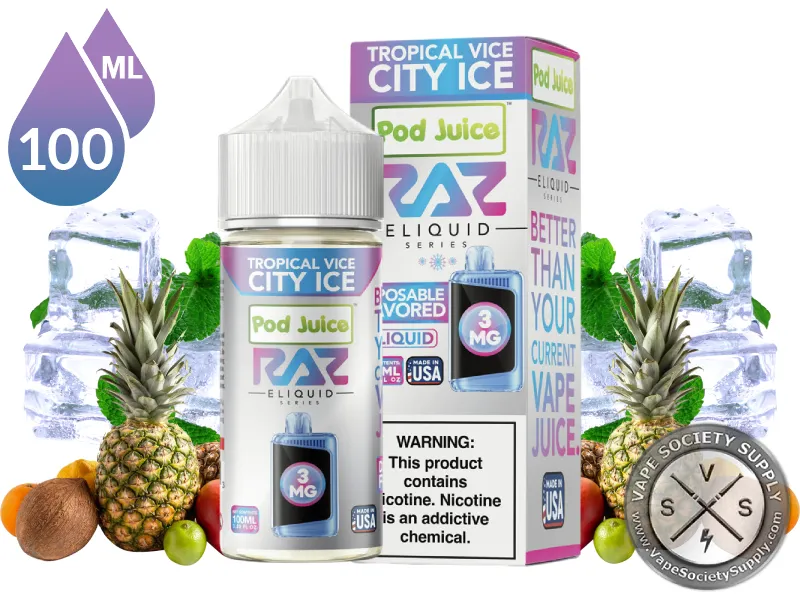Tropical Vice City Ice Pod Juice x RAZ 100ml bottle and box with a pineapple, a coconut, ice cubes and mint leaves