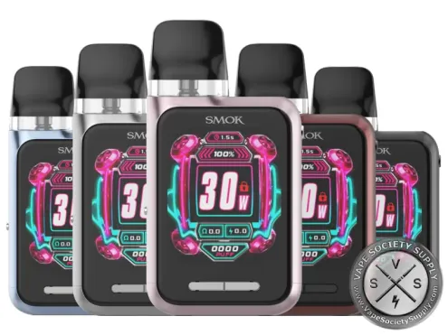 Five SMOK Novo GT Box pod systems with light blue, silver, pink, red and gunmetal frames, each screen showing 30W
