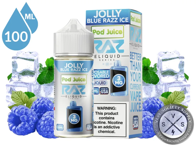 Jolly Blue Razz Ice Pod Juice x RAZ 100ml bottle and box with blue raspberries, ice cubes and mint leaves