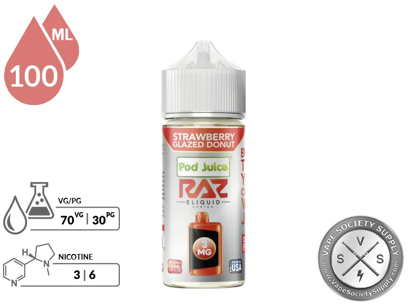 Strawberry Glazed Donut Pod Juice x RAZ 100ml bottle with a 70/30 VG/PG icon and nicotine strength icons