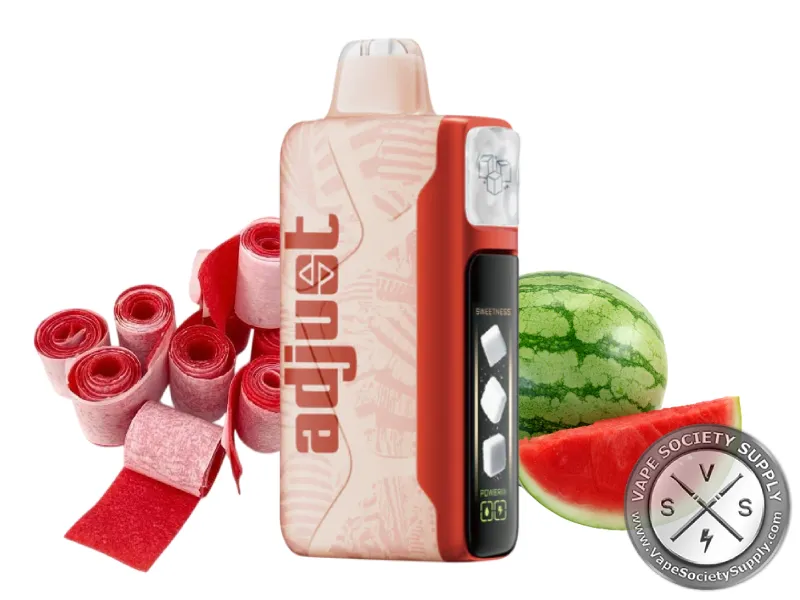 Adjust MySweet 40K Watermelon Roll Ups disposable vape with red fruit roll-ups and watermelon