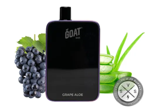GOAT Bar 25K Grape Aloe disposable vape with grapes and aloe leaves