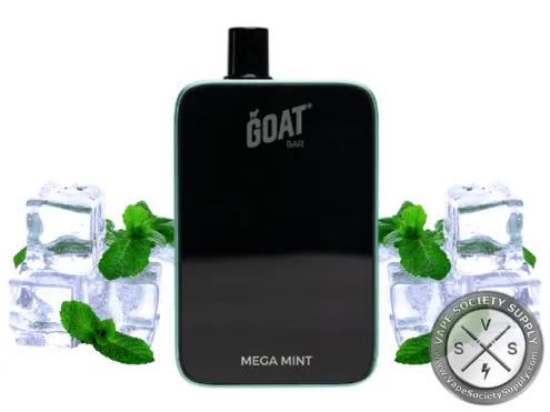 GOAT Bar 25K Mega Mint disposable vape with ice cubes and mint leaves