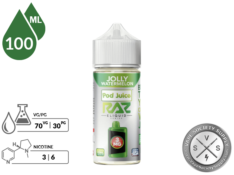 Jolly Watermelon Pod Juice x RAZ 100ml bottle with a 70/30 VG/PG icon and nicotine strength icons