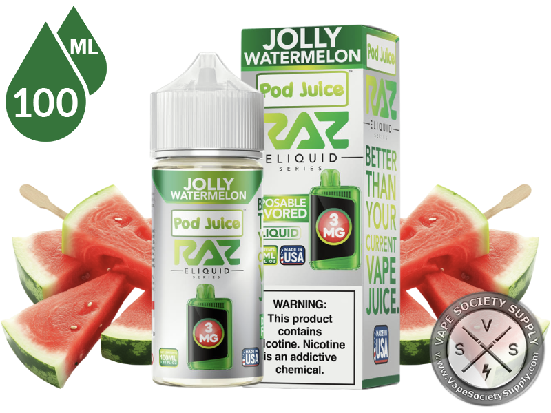 Jolly Watermelon Pod Juice x RAZ 100ml bottle and box with watermelon slices on sticks