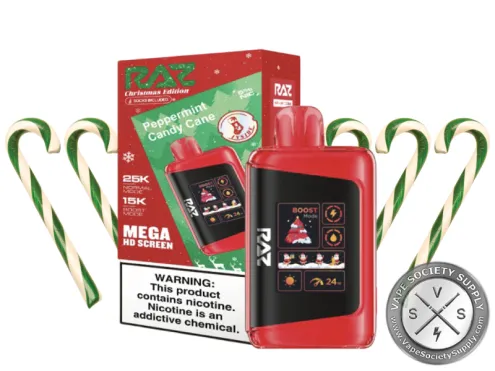 RAZ LTX 25K Christmas Edition Peppermint Candy Cane disposable vape and box with candy canes