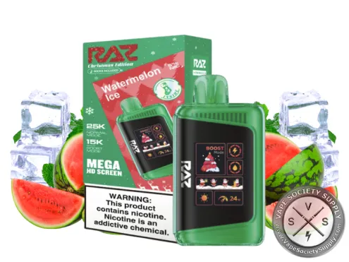 RAZ LTX 25K Christmas Edition Watermelon Ice disposable vape and box with watermelon and ice cubes
