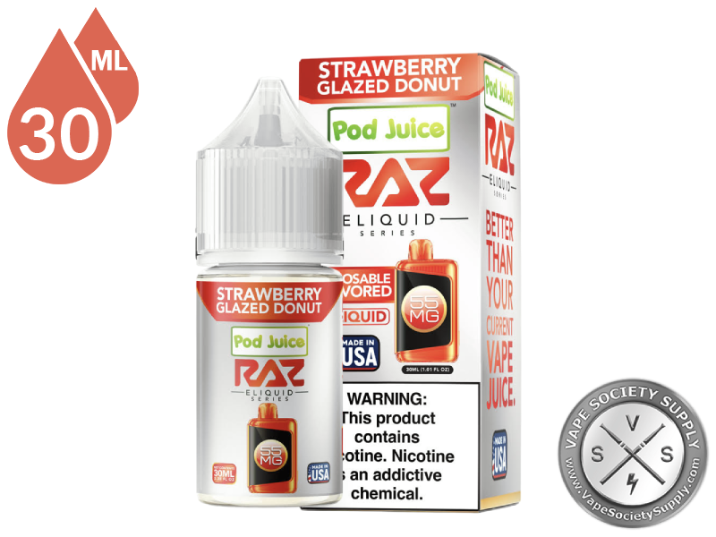 Strawberry Glazed Donut Pod Juice x RAZ Salt 30ml bottle and box