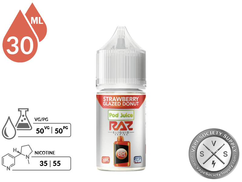 Strawberry Glazed Donut Pod Juice x RAZ Salt 30ml bottle with a 50/50 VG/PG icon and nicotine strength icons