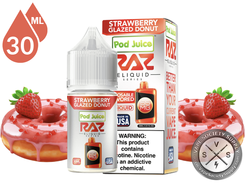 Strawberry Glazed Donut Pod Juice x RAZ Salt 30ml bottle and box with strawberry-topped pink glazed donuts