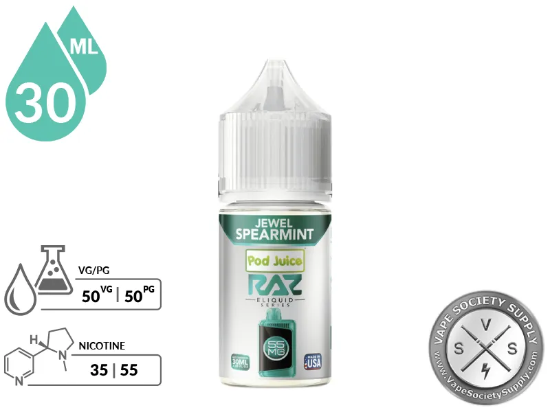 Jewel Spearmint Pod Juice x RAZ Salt 30ml bottle with a 50/50 VG/PG icon and nicotine strength icons