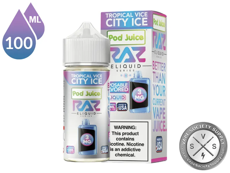 Tropical Vice City Ice Pod Juice x RAZ 100ml bottle and box