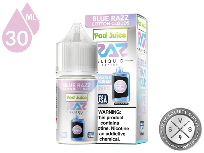 Blue Razz Cotton Clouds Pod Juice x RAZ Salt 30ml bottle and box