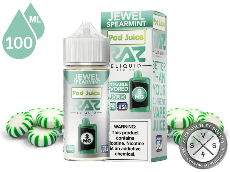 Jewel Spearmint Pod Juice x RAZ 100ml bottle and box with green and white mint candies
