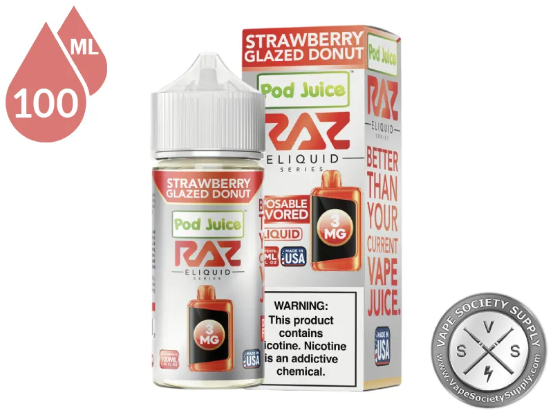Strawberry Glazed Donut Pod Juice x RAZ 100ml bottle and box