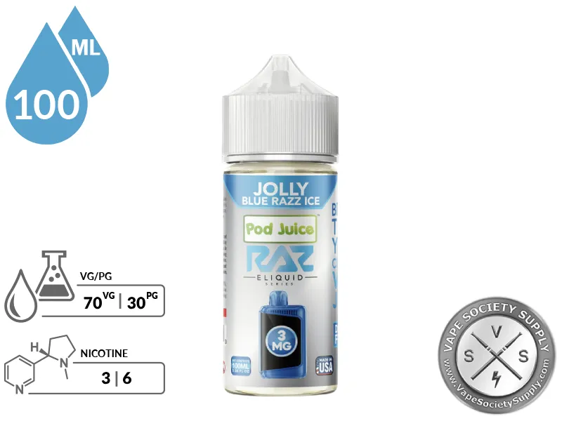 Jolly Blue Razz Ice Pod Juice x RAZ 100ml bottle with a 70/30 VG/PG icon and nicotine strength icons