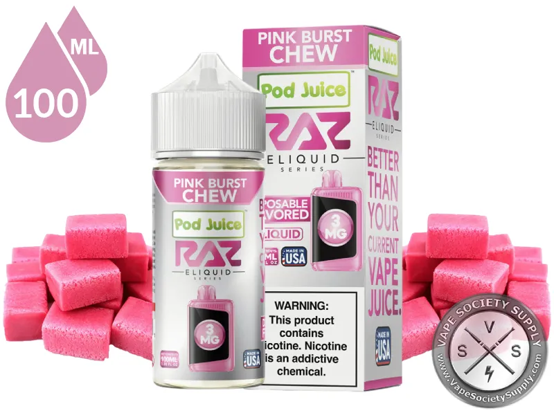 Pink Burst Chew Pod Juice x RAZ 100ml bottle and box with pink chewy candy pieces