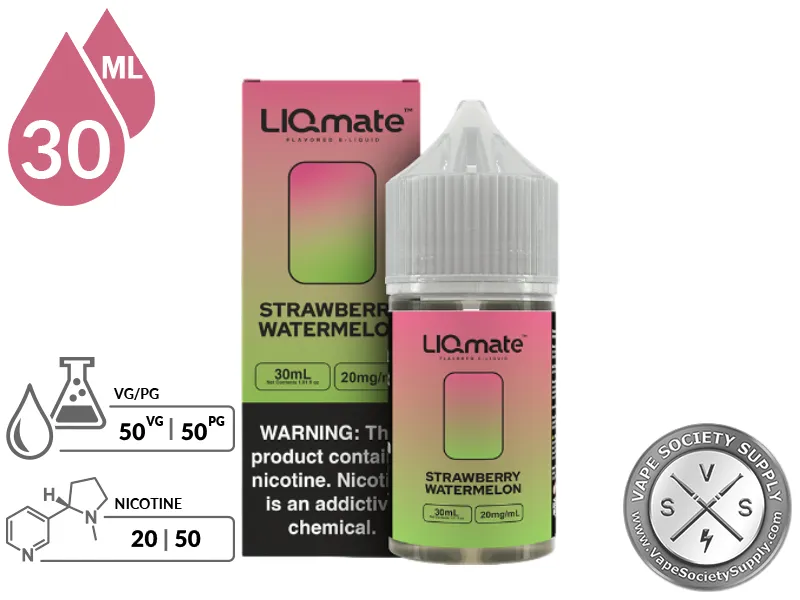 Strawberry Watermelon LIQmate Salts by 7 Daze 30ml bottle and box with a 50/50 VG/PG icon and nicotine strength icons