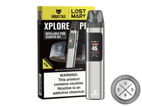 Xplore PRO pod kit in Silver beside its Urban Tale and Lost Mary box