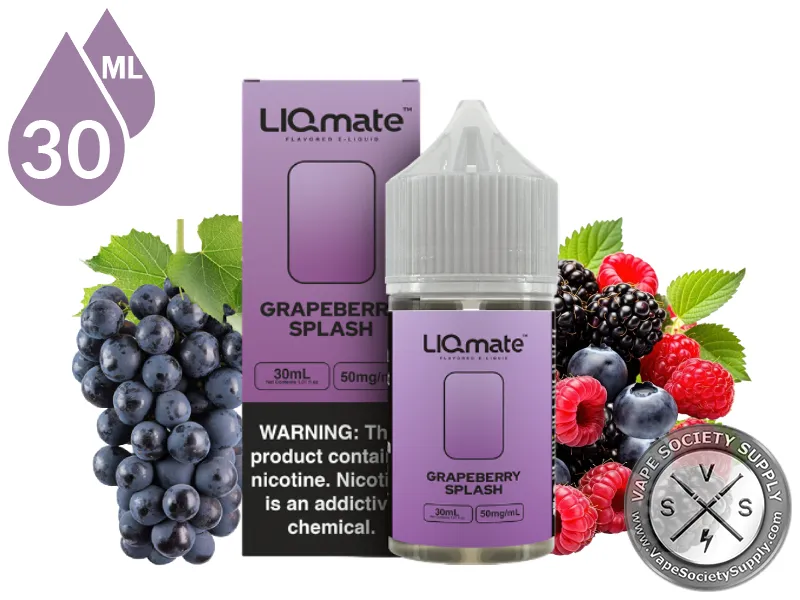 Grapeberry Splash LIQmate Salts by 7 Daze 30ml bottle and box with a bunch of grapes, blackberries, raspberries and blueberries