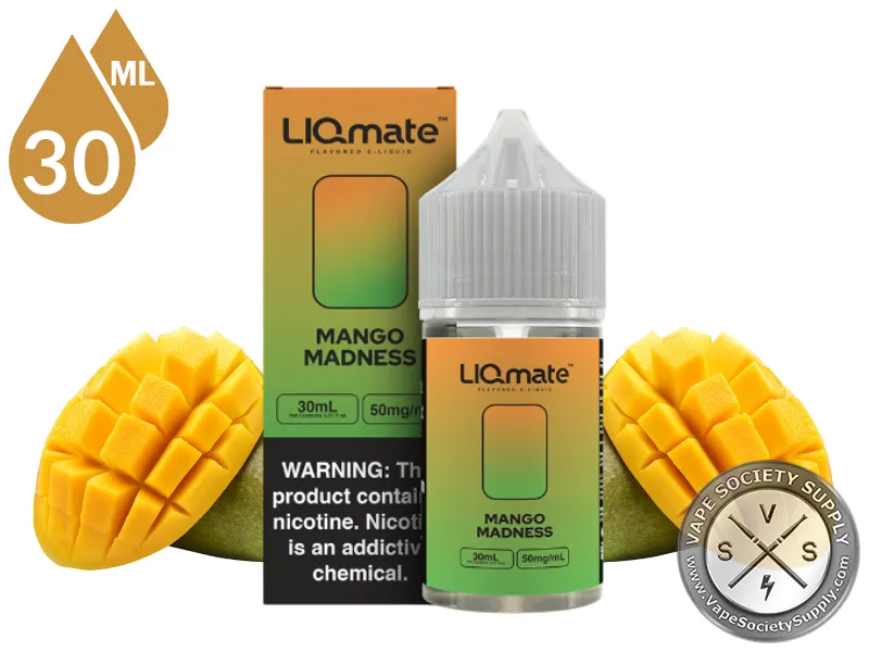 Mango Madness LIQmate Salts by 7 Daze 30ml bottle and box with cubed mangoes