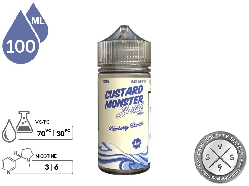Blueberry Vanilla Swirl Custard Monster 100ml bottle with 70VG/30PG and 3mg and 6mg nicotine icons