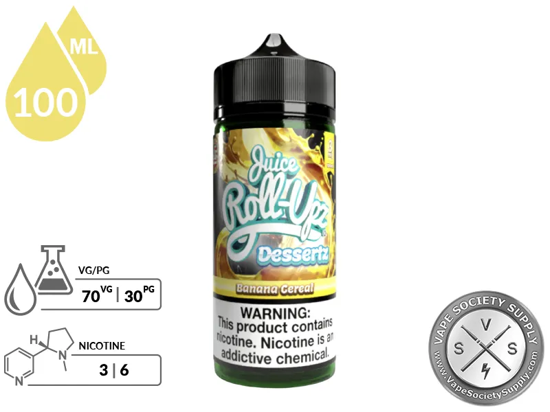 Banana Cereal by Juice Roll Upz Dessertz 100ml bottle with a 70/30 VG/PG icon and nicotine strength icons