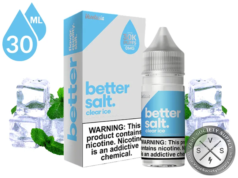 Clear Ice Better Salt 30ml bottle and box with ice cubes and mint leaves