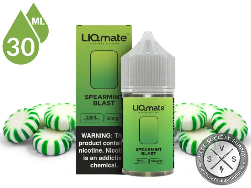 Spearmint Blast LIQmate Salts by 7 Daze 30ml bottle and box with green and white striped mint candies