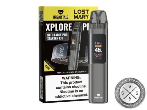 Xplore PRO pod kit in Gray beside its Urban Tale and Lost Mary box