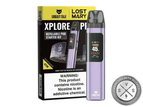 Xplore PRO pod kit in Purple beside its Urban Tale and Lost Mary box
