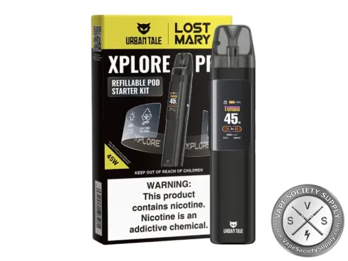 Xplore PRO pod kit in Black beside its Urban Tale and Lost Mary box