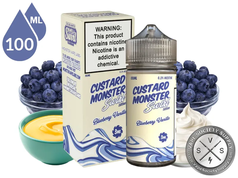 Blueberry Vanilla Swirl Custard Monster 100ml bottle and box with blueberries, a bowl of custard and whipped cream