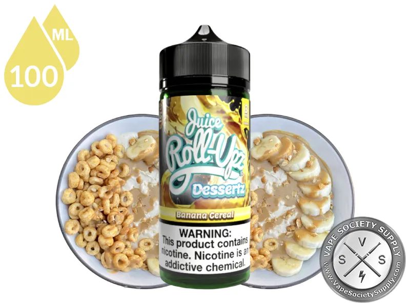 Banana Cereal by Juice Roll Upz Dessertz 100ml bottle with a bowl of cereal with banana slices