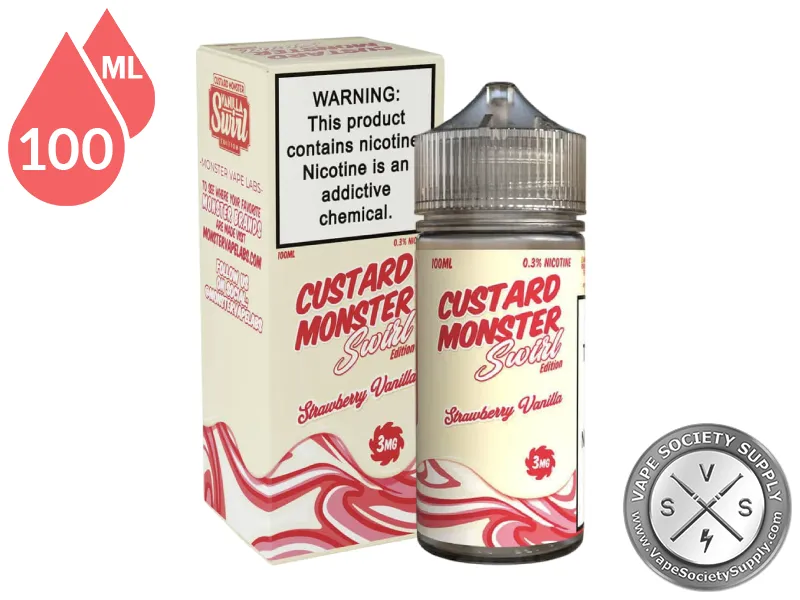 Strawberry Vanilla Swirl Custard Monster 100ml bottle in front of its box