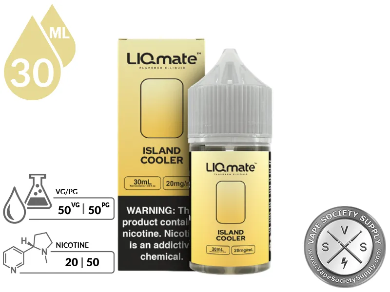 Island Cooler LIQmate Salts by 7 Daze 30ml bottle and box with a 50/50 VG/PG icon and nicotine strength icons