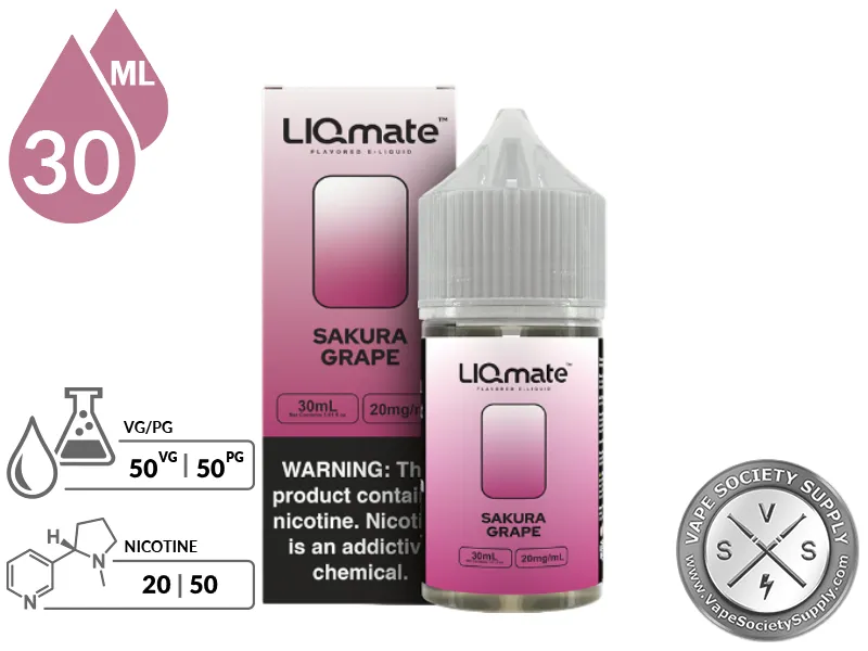 Sakura Grape LIQmate Salts by 7 Daze 30ml bottle and box with a 50/50 VG/PG icon and nicotine strength icons